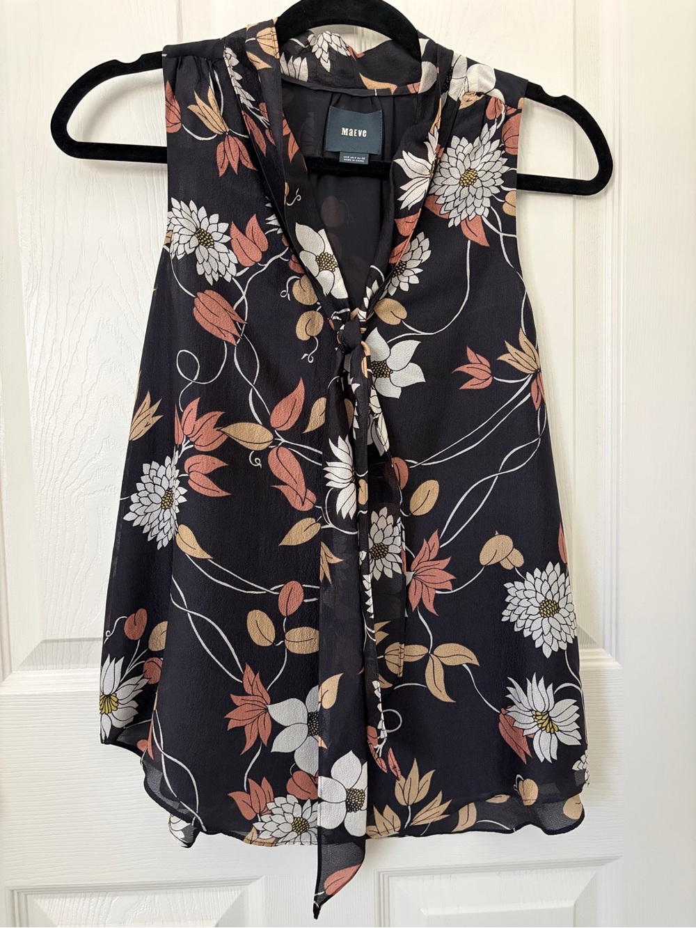 Maeve Black Floral Tie-Neck Camisole with Cream and Tan Blooms